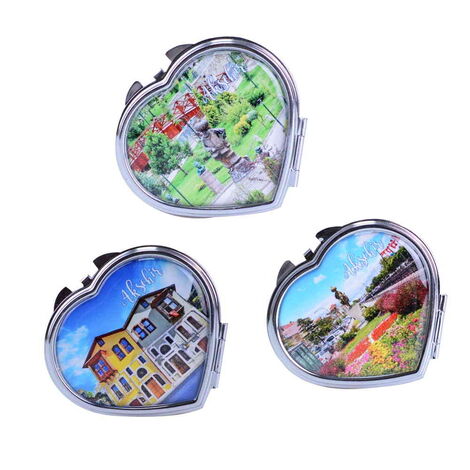 Aksehir Themed Customised Metal Epoxy Travel Make Up Compact Heart Shaped Mirror 70x65x8 mm - 3