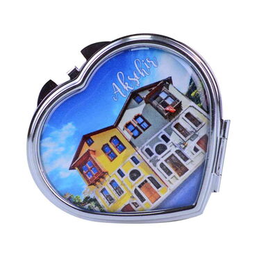 Aksehir Themed Customised Metal Epoxy Travel Make Up Compact Heart Shaped Mirror 70x65x8 mm - 6