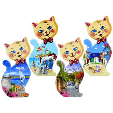 Alacati Region Themed Customised UV Printed Plastic Base Cat Shaped Fridge Magnet 43x87 mm - 3