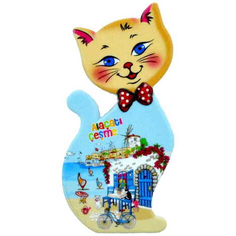 Alacati Region Themed Customised UV Printed Plastic Base Cat Shaped Fridge Magnet 43x87 mm - 7