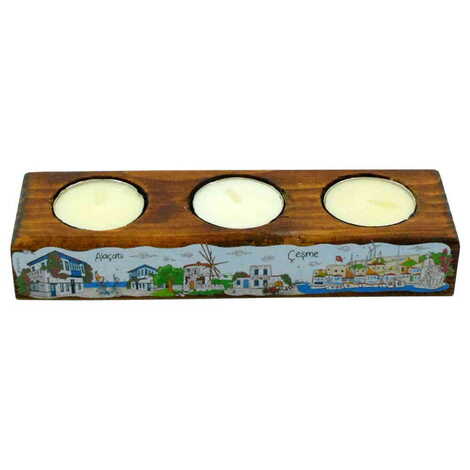 Alacati Region Themed Turkey Region Wooden Triple Candle Holder - 5