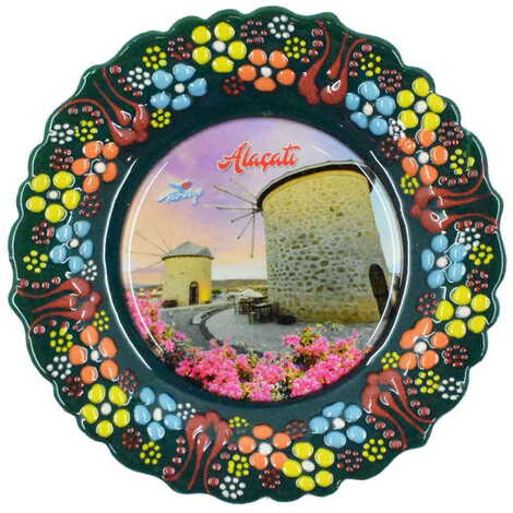 Alacati Themed Turkish Ceramic Plate With Epoxy 12 Cm - 6