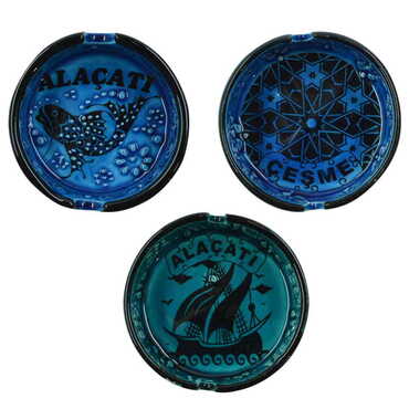 Alacati Themed Turkish Ceramic Turquoise Ashtray Small Size - 3