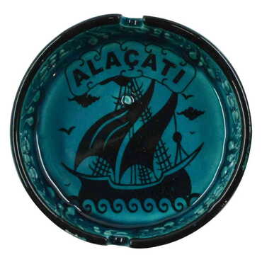 Alacati Themed Turkish Ceramic Turquoise Ashtray Small Size - 4