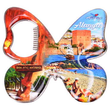 Alanya Themed Butterfly Shaped Metal Magnetic Bottle Opener 70x70 mm - 5