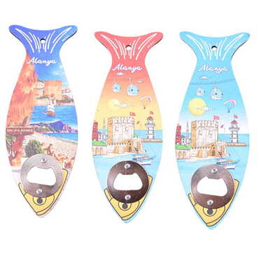 Alanya Themed Fish Shaped Printed MDF Wooden Bottle Opener 190x70 mm - 2