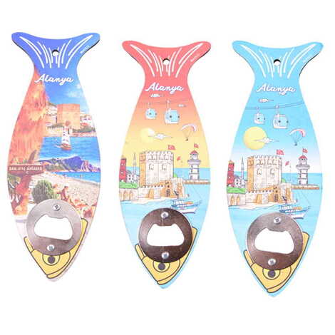 Alanya Themed Fish Shaped Printed MDF Wooden Bottle Opener 190x70 mm - 2