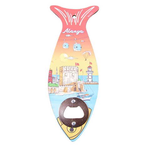 Alanya Themed Fish Shaped Printed MDF Wooden Bottle Opener 190x70 mm - 3