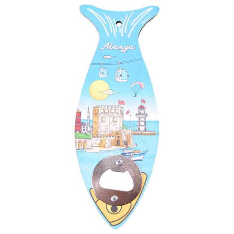 Alanya Themed Fish Shaped Printed MDF Wooden Bottle Opener 190x70 mm - 4