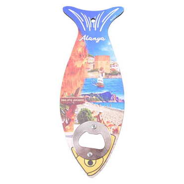 Alanya Themed Fish Shaped Printed MDF Wooden Bottle Opener 190x70 mm - 5