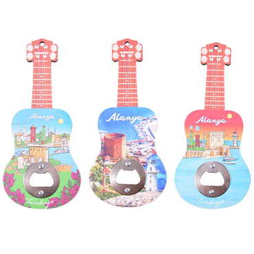 Alanya Themed Guitar Shaped Printed MDF Wooden Bottle Opener 200x89 mm - 2