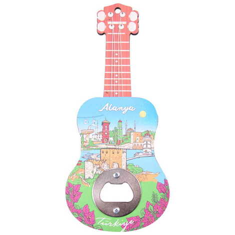 Alanya Themed Guitar Shaped Printed MDF Wooden Bottle Opener 200x89 mm - 3