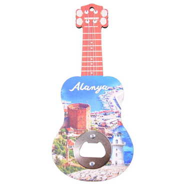 Alanya Themed Guitar Shaped Printed MDF Wooden Bottle Opener 200x89 mm - 5