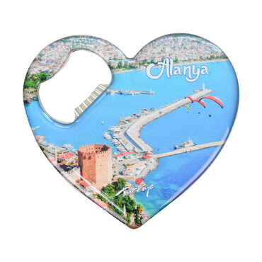 Alanya Themed Heart Shaped Metal Magnetic Bottle Opener 85x76 mm - 6