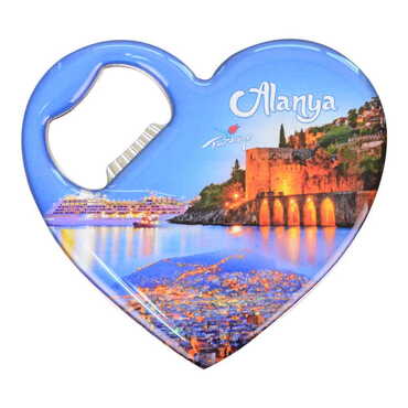 Alanya Themed Heart Shaped Metal Magnetic Bottle Opener 85x76 mm - 7