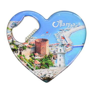 Alanya Themed Heart Shaped Metal Magnetic Bottle Opener 85x76 mm - 8