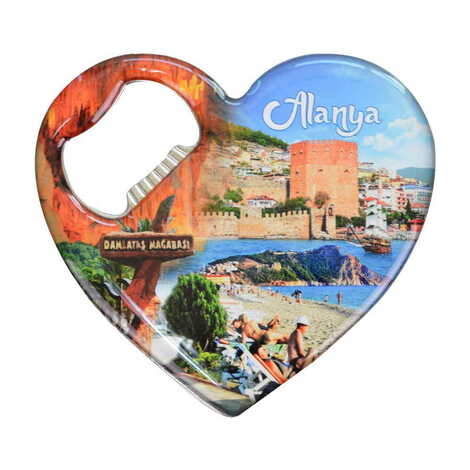 Alanya Themed Heart Shaped Metal Magnetic Bottle Opener 85x76 mm - 9