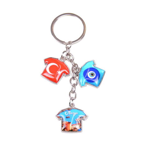 Alanya Themed Metal Keychain With 3 Charms - T-Shirt 40x95 mm - 3