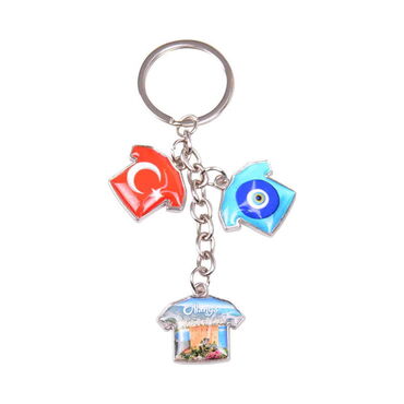 Alanya Themed Metal Keychain With 3 Charms - T-Shirt 40x95 mm - 4