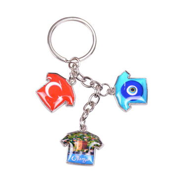 Alanya Themed Metal Keychain With 3 Charms - T-Shirt 40x95 mm - 6