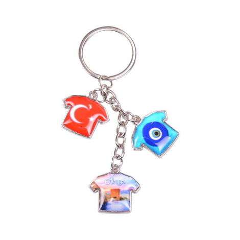 Alanya Themed Metal Keychain With 3 Charms - T-Shirt 40x95 mm - 7