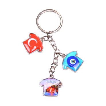 Alanya Themed Metal Keychain With 3 Charms - T-Shirt 40x95 mm - 8