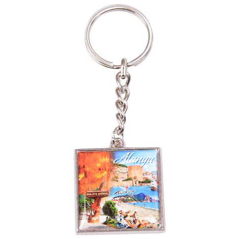 Alanya Themed Metal Square Shaped Double Face Keychain 36x95 mm - 3