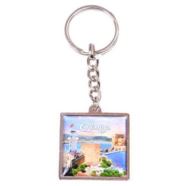 Alanya Themed Metal Square Shaped Double Face Keychain 36x95 mm - 5