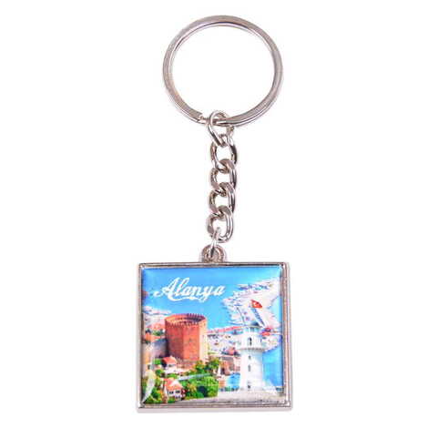 Alanya Themed Metal Square Shaped Double Face Keychain 36x95 mm - 6