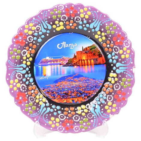 Alanya Themed Turkish Ceramic Plate With Epoxy 18 Cm - 6