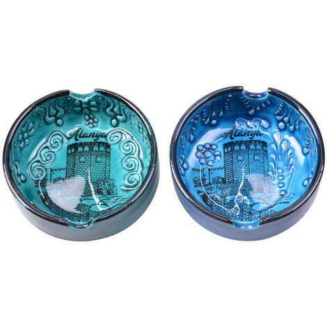 Alanya Themed Turkish Ceramic Turquoise Ashtray Small Size - 2