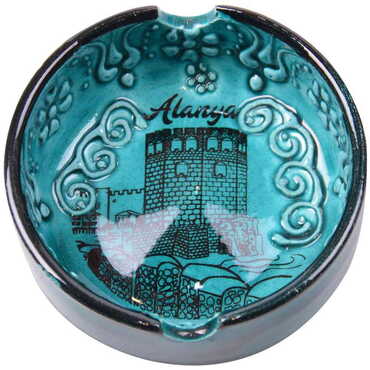 Alanya Themed Turkish Ceramic Turquoise Ashtray Small Size - 3