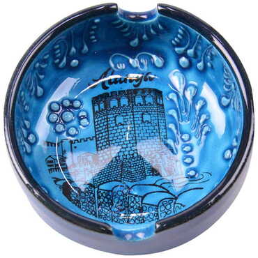 Alanya Themed Turkish Ceramic Turquoise Ashtray Small Size - 4