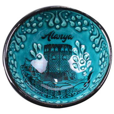 Alanya Themed Turkish Ceramic Turquoise Bowl 8 Cm - 3