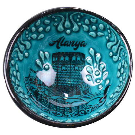 Alanya Themed Turkish Ceramic Turquoise Bowl 8 Cm - 3