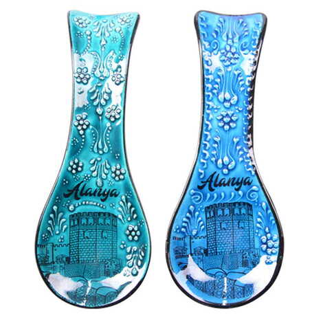 Alanya Themed Turkish Ceramic Turquoise Spoon Rest - 2