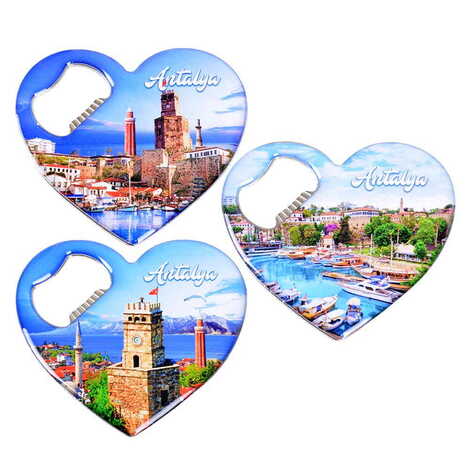 Antalya Themed Heart Shaped Metal Magnetic Bottle Opener 85x76 mm - 3