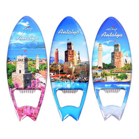 Antalya Themed Surf Board Shaped Metal Magnetic Bottle Opener 128x45 mm - 3