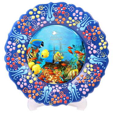 Aquapark Themed Turkish Ceramic Plate With Epoxy 12 Cm - 9