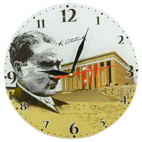 Ataturk Themed Decorative Custom Print Glass Wall Watch 25 Cm - 6