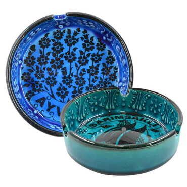 Ayvalik Themed Turkish Ceramic Turquoise Ashtray Big Size - 3