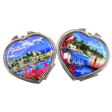 Bodrum Themed Customised Metal Epoxy Travel Make Up Compact Heart Shaped Mirror 70x65x8 mm - 4