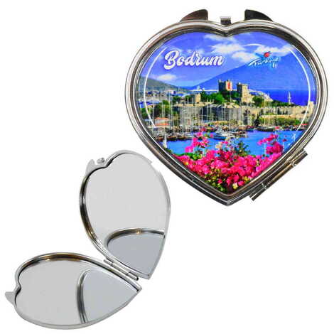 Bodrum Themed Customised Metal Epoxy Travel Make Up Compact Heart Shaped Mirror 70x65x8 mm - 5