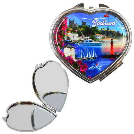 Bodrum Themed Customised Metal Epoxy Travel Make Up Compact Heart Shaped Mirror 70x65x8 mm - 6