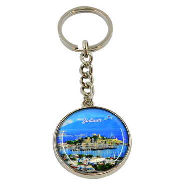 Bodrum Themed Metal Double Face Round Keychain 40x95 mm - 4