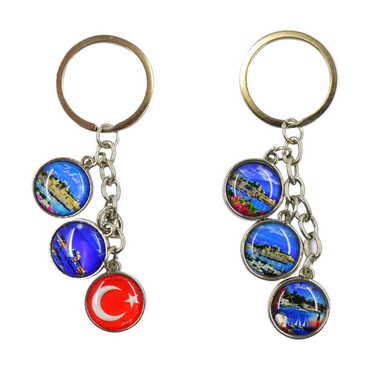 Bodrum Themed Metal Keychain With 3 Charms - Mixed 40x90 mm - 2