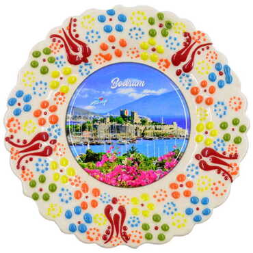 Bodrum Themed Turkish Ceramic Plate With Epoxy 12 Cm - 12