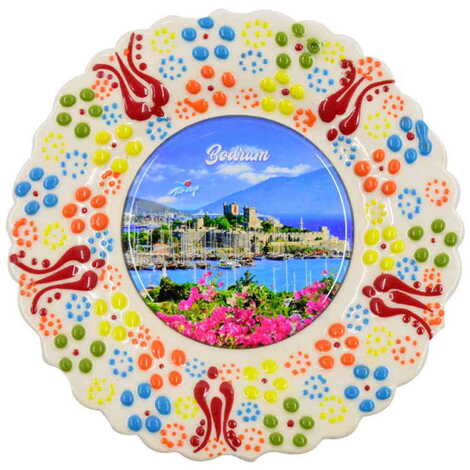 Bodrum Themed Turkish Ceramic Plate With Epoxy 12 Cm - 12