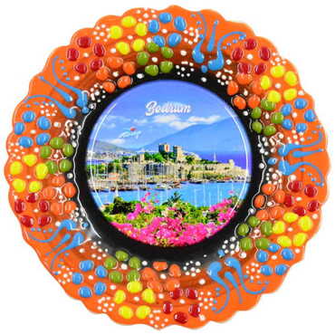 Bodrum Themed Turkish Ceramic Plate With Epoxy 12 Cm - 13