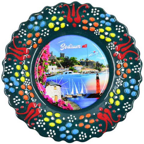 Bodrum Themed Turkish Ceramic Plate With Epoxy 18 Cm - 6